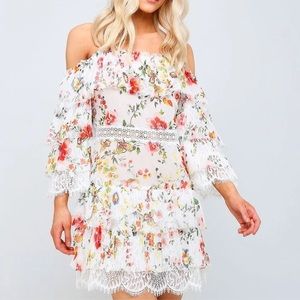 Alice + Olivia Santos Cold Shoulder Lace Trimmed Floral Silk Dres Size 4